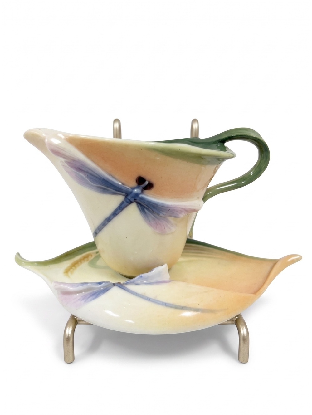 Franz Dragonfly Cup Saucer Set Amber FZ00212 New in Box Porcelain Rare